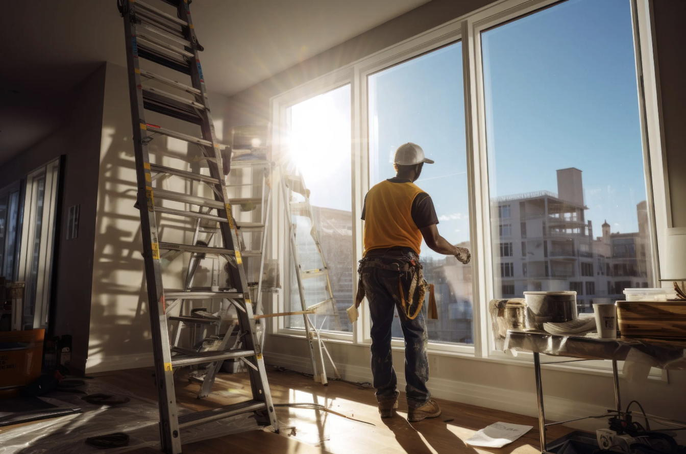 Construction consultant looking out a large window beside a ladder